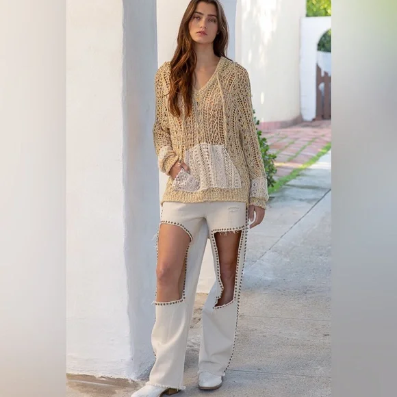 POL Yellow Powder Banana Crochet Knit Hoodie Sweater - Picture 5 of 7